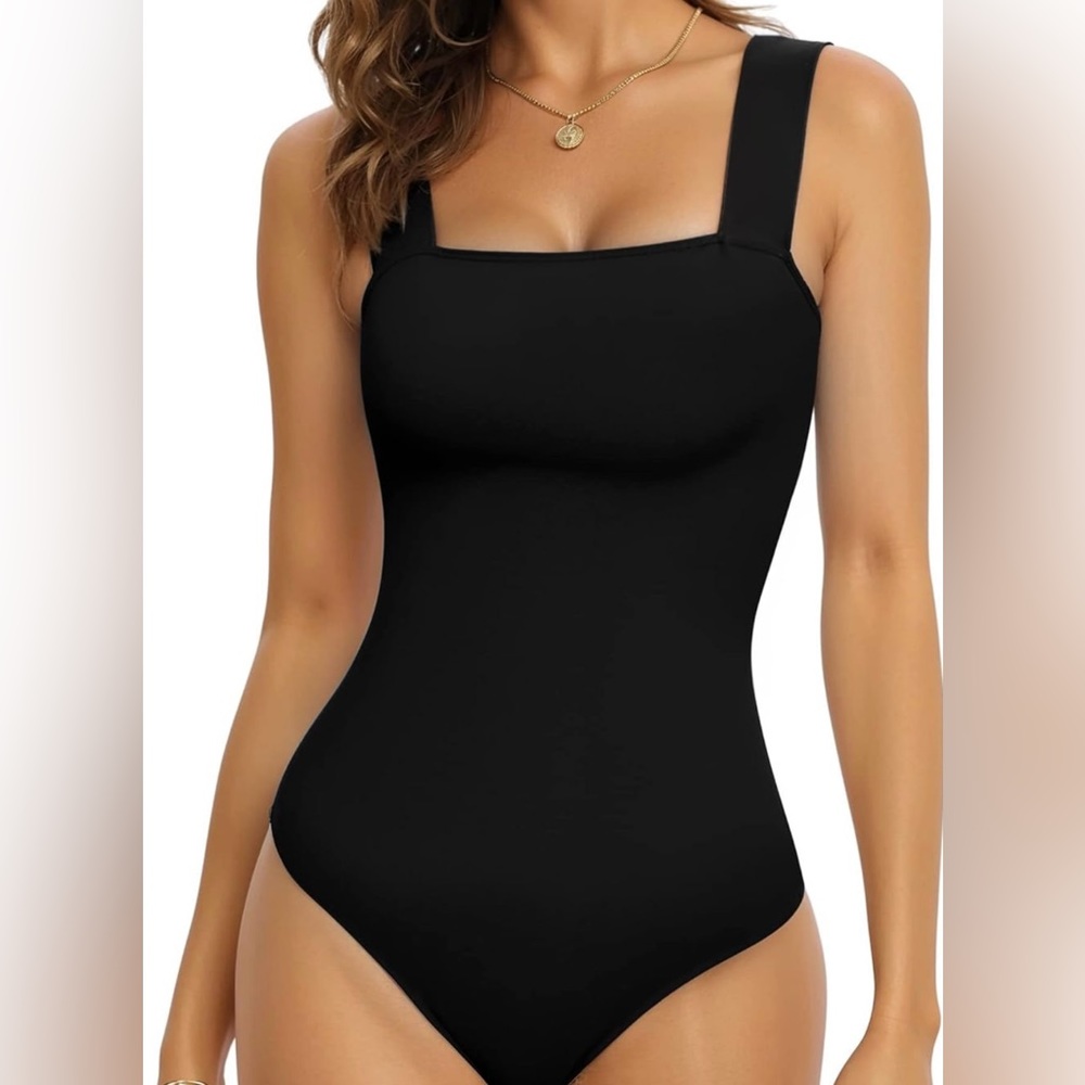 MANGOPOP Black Bodysuit for Women Square Neck Sleeveless